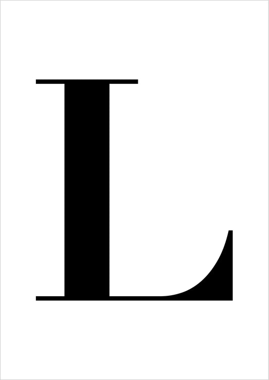 Buchstabe L Poster: großes schwarzes L in Serifenschrift auf weißem Hintergrund