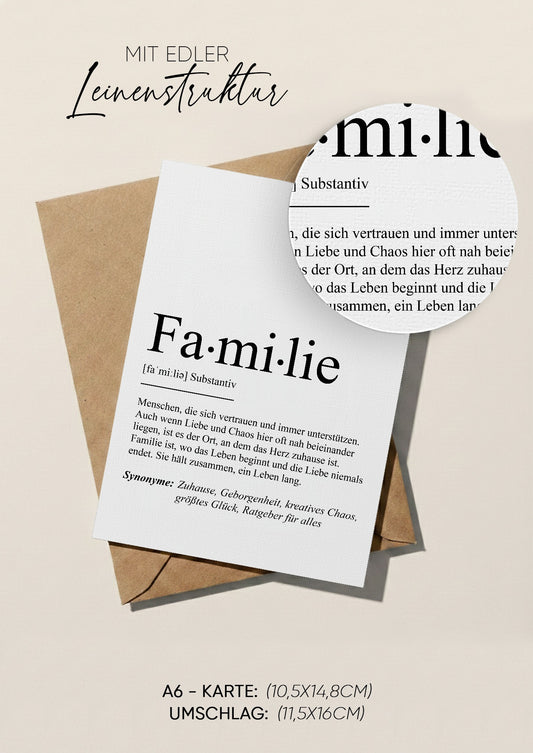 Grußkarte Familie mit Lupe auf die edle Leinenstruktur, Format A6 mit Umschlag C6
