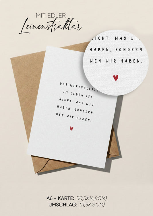 Edle Liebes-Grußkarte "Das Wertvollste im Leben" – Hochwertige Karte mit Leinenstruktur & Kraftpapier-Umschlag