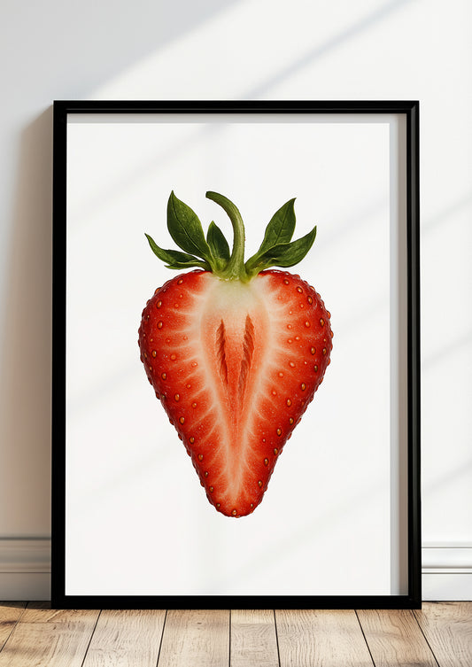 Gerahmtes Poster mit halbierter Erdbeere im Wohnzimmer – moderne Wanddeko