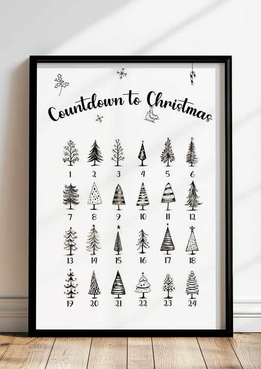 Adventskalender-Poster mit Tannenbaum-Illustrationen im schwarzen Holzrahmen, stehend auf dem Boden