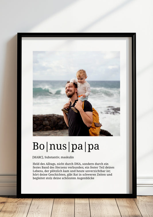 Poster Bonuspapa personalisiert mit Foto, hochwertiger Druck im Rahmen als Geschenkidee