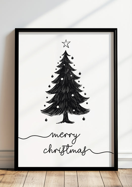 Poster „Merry Christmas“ mit schwarzem Weihnachtsbaum im schwarzen Holzrahmen, stehend auf dem Boden