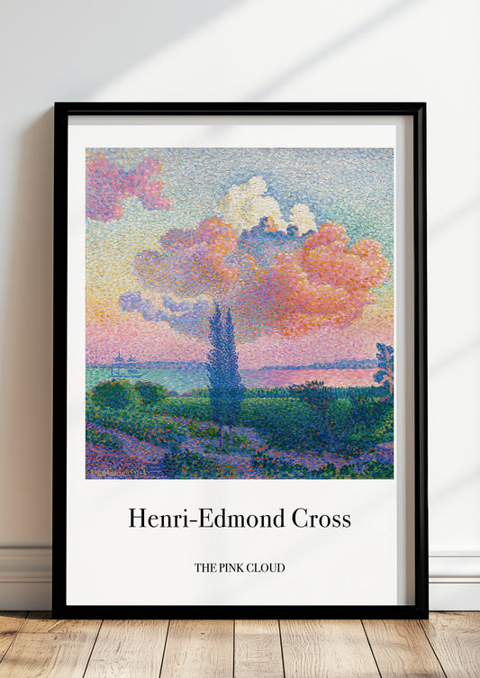 The Pink Cloud von Henri Edmond Cross als Poster, in schwarzem Rahmen, stehend auf dem Boden, angelehnt an einer Wand