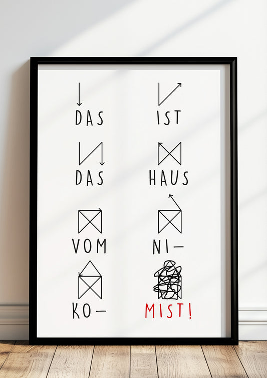 Nikolaus-Haus-Poster im schwarzen Holzrahmen steht auf dem Boden