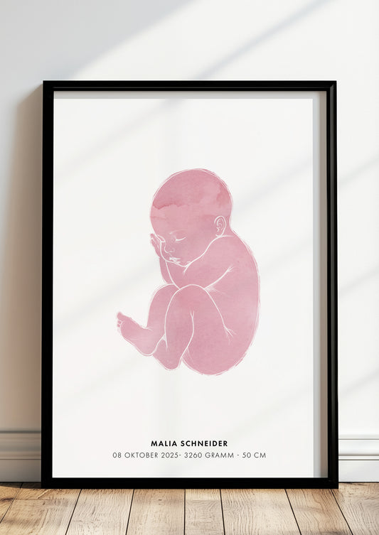 Poster Baby Watercolor Geburtsposter 2 im schwarzen Rahmen stehend