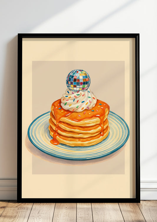 Frühstücksposter Pancakes & Disco im schwarzen Rahmen mit Retro-Stimmung