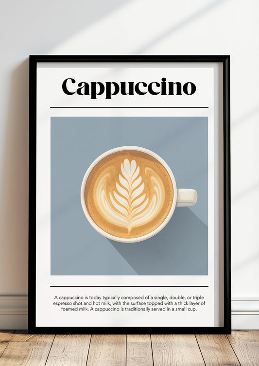 Cappuccino-Poster im schwarzen Rahmen mit Kaffee-Definition an heller Wand