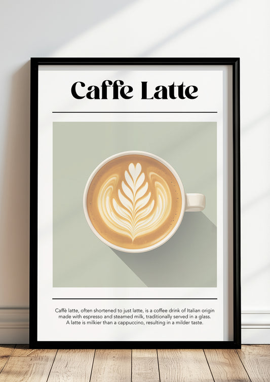 Caffè Latte Poster im schwarzen Rahmen mit Kaffee-Info an heller Wand