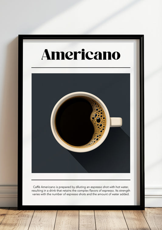 Americano-Poster im schwarzen Rahmen an heller Wand mit Kaffeemaschine