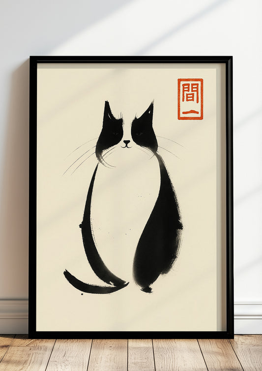 Poster einer Zen-Katze im schwarzen Rahmen an ruhiger, heller Wand mit minimalistischer Einrichtung