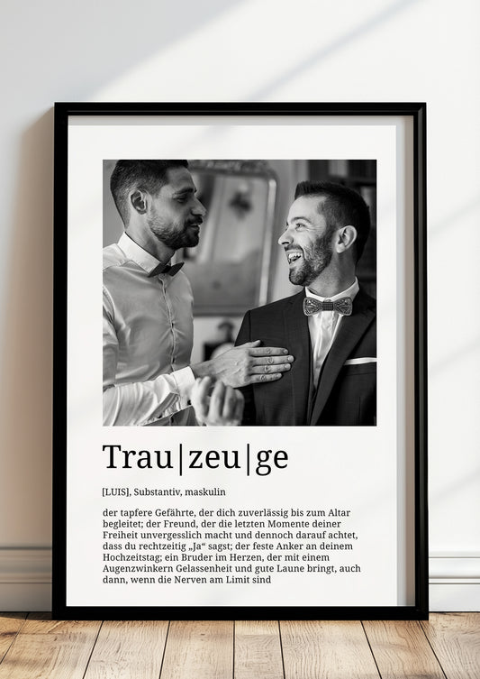 „Trauzeuge Definition Poster personalisiert mit Name und Foto, stilvolles Geschenk im Rahmen“