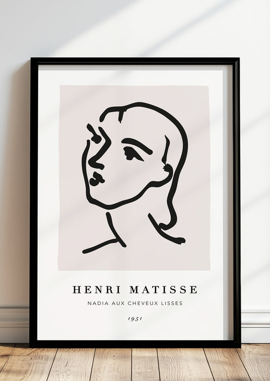 Nadia aux cheveux lisses von Henri Matisse Kunstdruck im schwarzen Rahmen, an Wand gelehnt