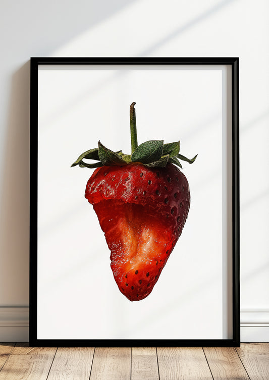 Gerahmtes Poster einer angebissenen Erdbeere im Wohnzimmer – originelle Wanddeko