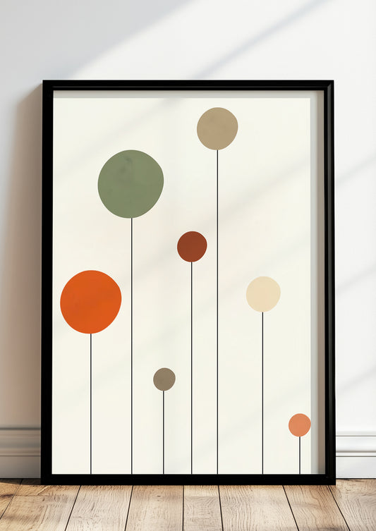 Poster „Abstrakte Kreise II“ in schwarzem Holzrahmen steht auf dem Boden