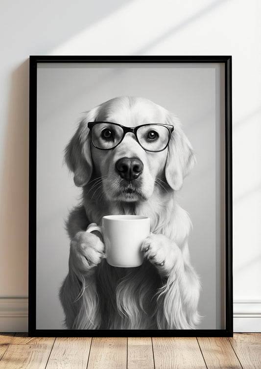 Gerahmtes Poster: Hund mit Brille und Tasse steht auf dem Boden an der Wand