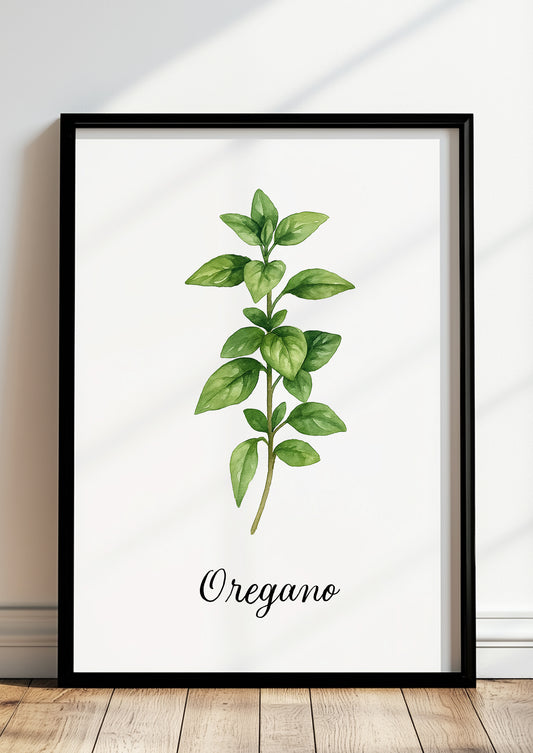 Gerahmtes Oreganoposter steht auf dem Boden vor einer weißen Wand
