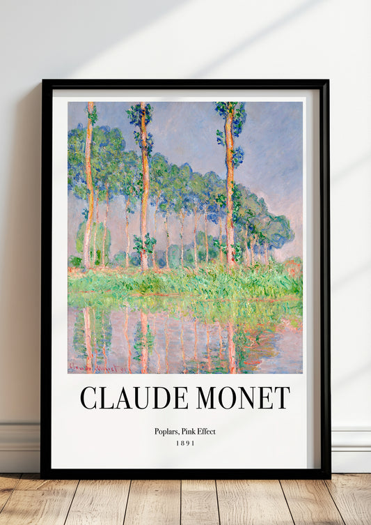 Poplars, Pink Effect von Claude Monet als Poster, in schwarzem Rahmen, stehend auf dem Boden, angelehnt an einer Wand