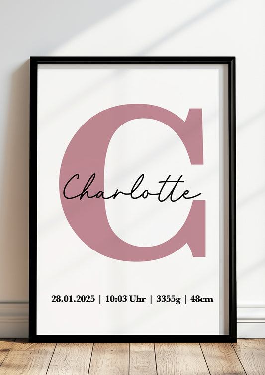 Geburtsposter Mädchen mit Buchstabe - Personalisiert
