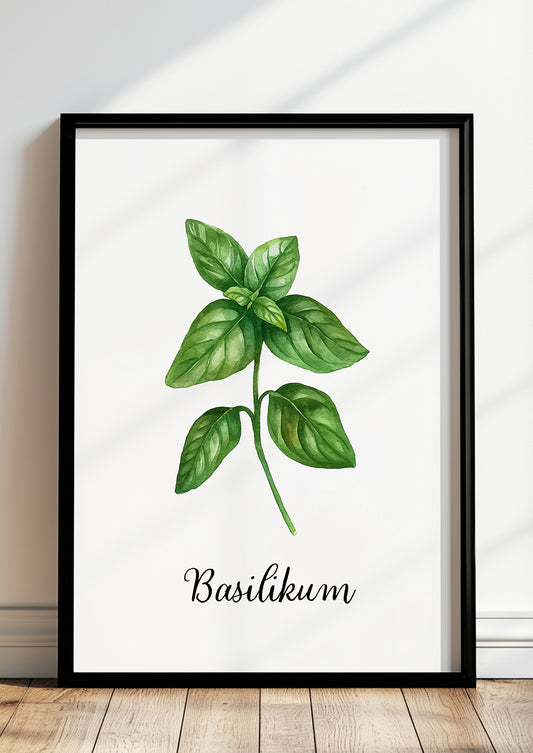 Gerahmtes Basilikumposter steht auf dem Boden vor einer weißen Wand