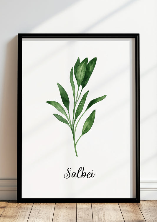 Salbei-Aquarellposter im schwarzen Rahmen vor heller Küchenwand mit Holzdetails