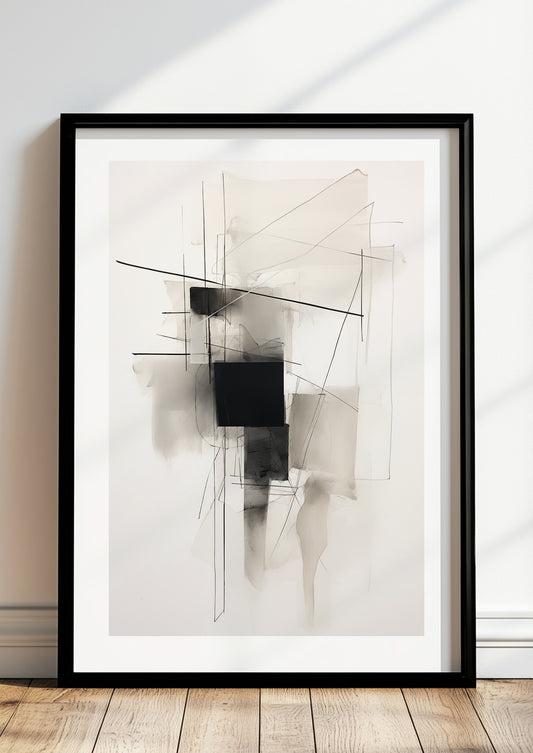 Abstraktes Poster in Schwarz und Grau im schwarzen Holzrahmen, stehend auf dem Boden