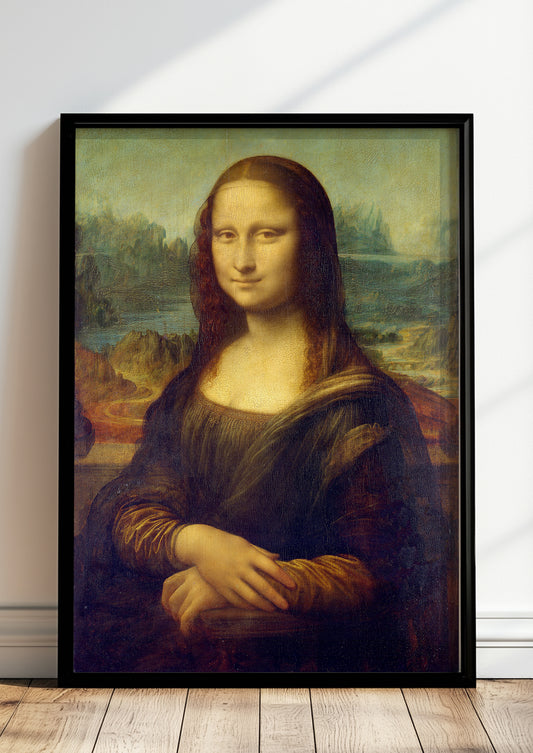 Mona Lisa von Leonardo da Vinci Kunstdruck im schwarzen Rahmen, an Wand gelehnt