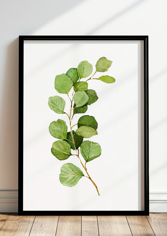 Gerahmtes Poster mit Silver Dollar Eukalyptuszweig lehnt auf dem Boden vor einer hellen Wand