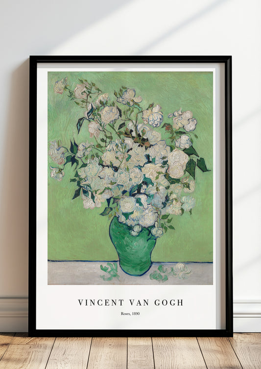 Roses von Vincent van Gogh als Poster, in schwarzem Rahmen, stehend auf dem Boden, angelehnt an einer Wand