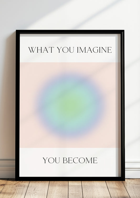 Gerahmtes Poster mit kreisförmigem Farbverlauf in Pastellblau und Grün, ergänzt durch Zitat