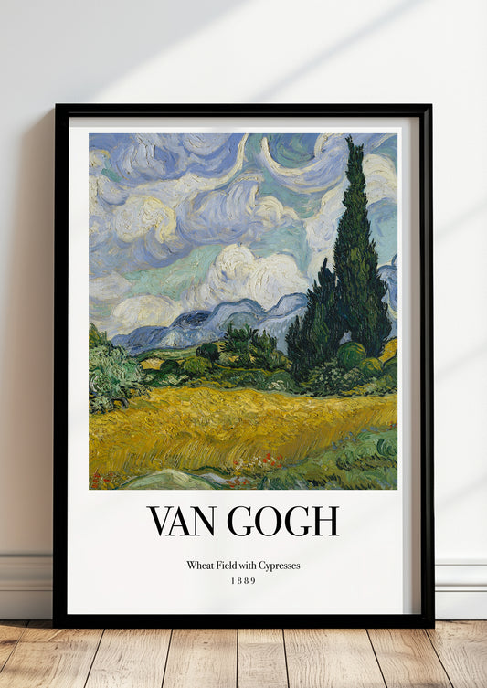 Wheat Field with Cypresses von Vincent van Gogh als Poster, in schwarzem Rahmen, stehend auf dem Boden, angelehnt an einer Wand