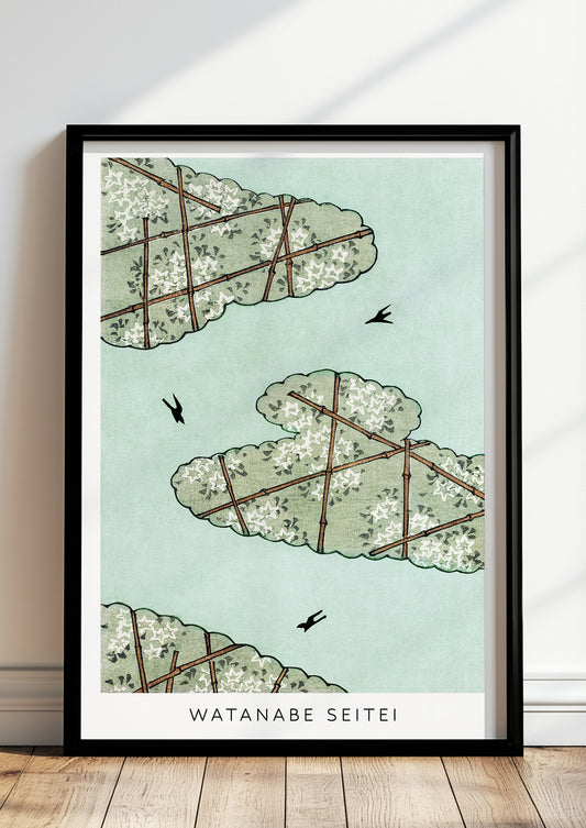 Sky Illustration von Watanabe Seitei als Poster, in schwarzem Rahmen, stehend auf dem Boden, angelehnt an einer Wand