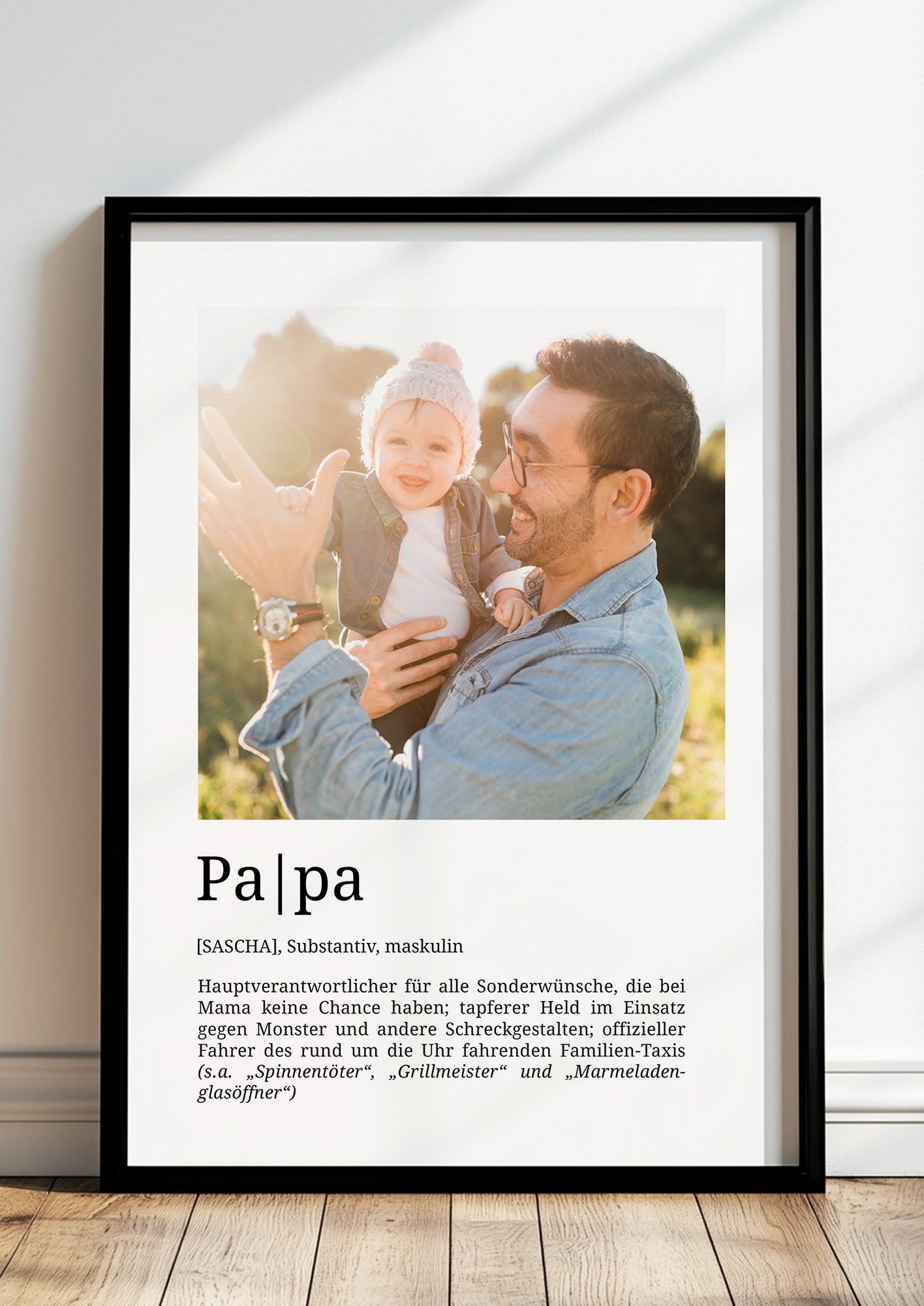 Definition Poster Papa mit Foto und Name, Geschenkidee im schwarzen Holzrahmen