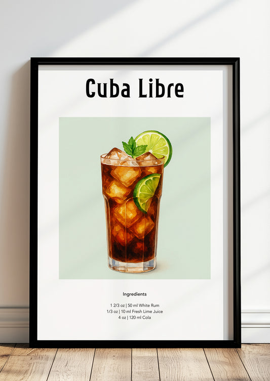 Cuba Libre Poster mit Aquarellmotiv im weißen Rahmen vor heller Wand