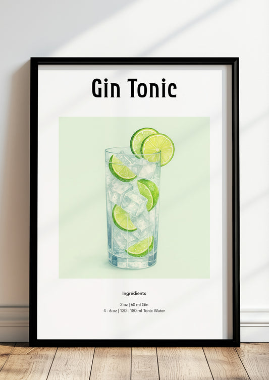 Minimalistisch gerahmtes Gin Tonic Poster an pastellgrüner Wand