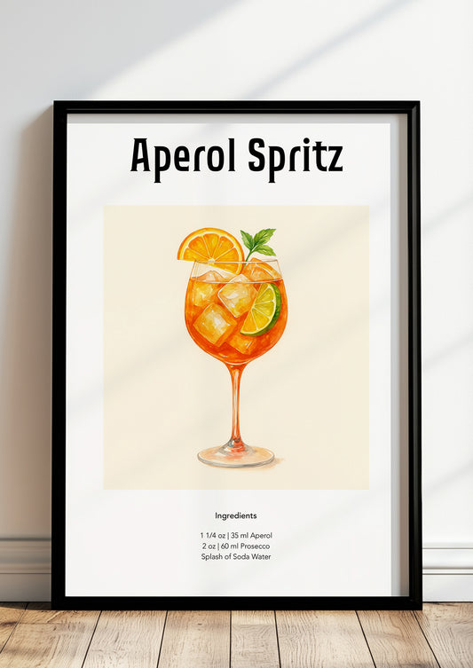 Aperol Spritz Poster im weißen Rahmen dekorativ aufgestellt vor neutralem Hintergrund