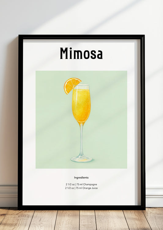 Gerahmtes Mimosaposter lehnt auf dem Boden an einer weißen Wand