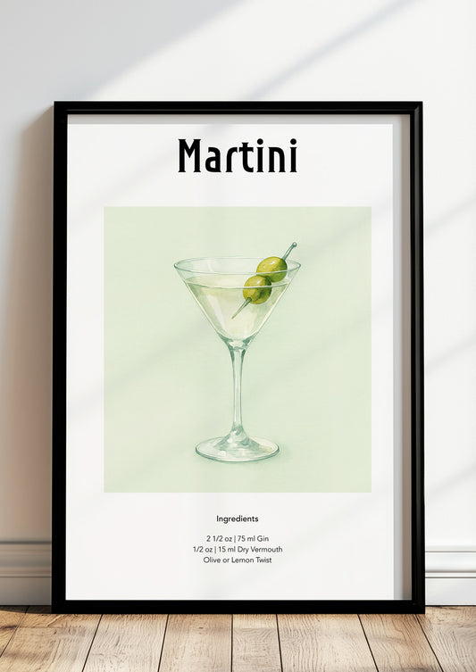 Poster mit Martini-Motiv in weißem Rahmen an Wand mit Baraccessoires