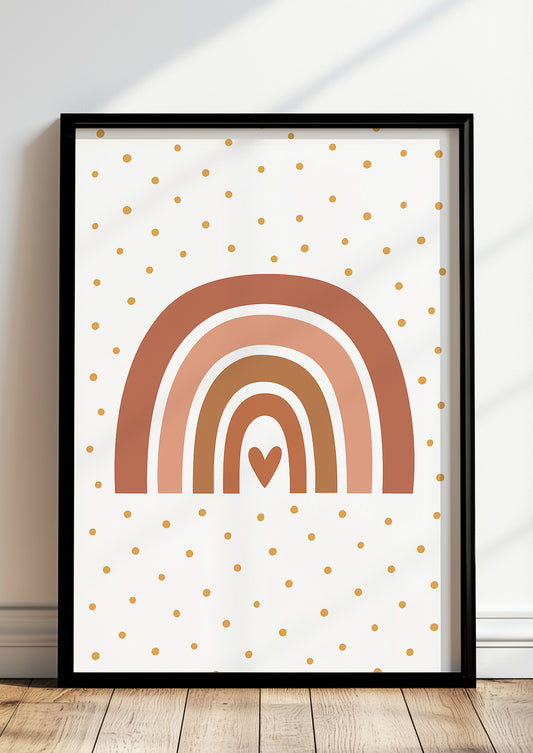 Kinderposter mit Boho-Regenbogen und Punkten, im modernen Rahmen
