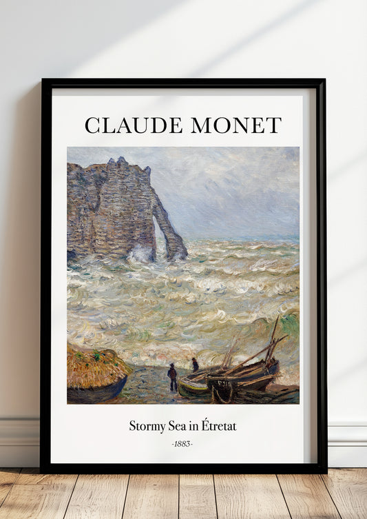 Stormy Sea in Étretat von Claude Monet als Poster, in schwarzem Rahmen, stehend auf dem Boden, angelehnt an einer Wand