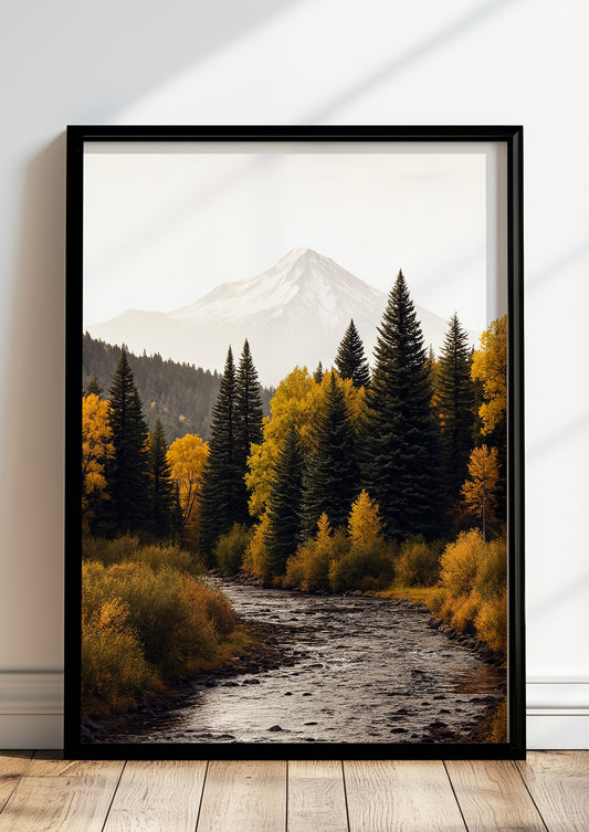 Poster Herbstwald mit Fluss und Berg im schwarzen Holzrahmen stehend