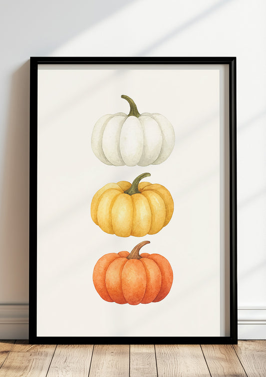 Poster 3er Kürbis Illustration Watercolor im schwarzen Holzrahmen stehend