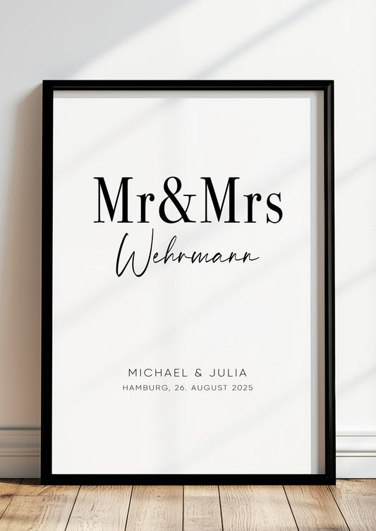 Poster Hochzeitsbild Mr & Mrs im schwarzen Rahmen stehend