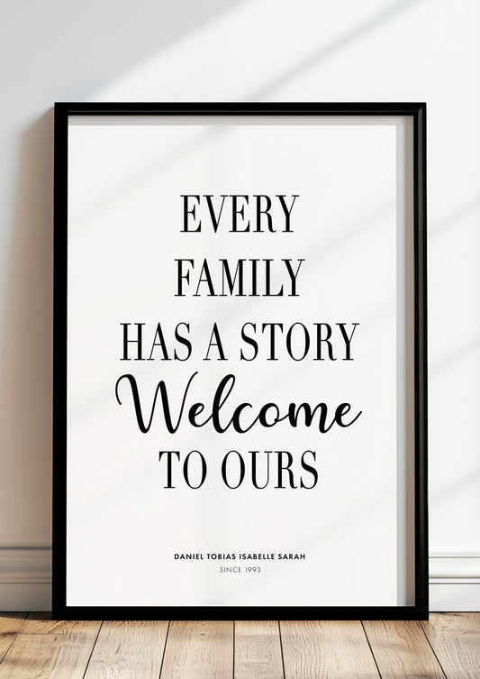 Poster Every Family Has A Story im schwarzen Rahmen stehend