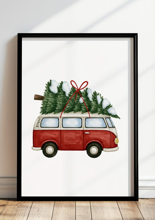 Poster Van mit Weihnachtsbaum Illustration im schwarzen Rahmen stehend