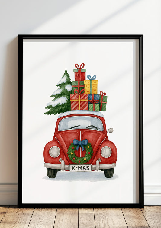 Poster XMAS Käfer mit Weihnachtsbaum, Kranz und Geschenken Illustration im schwarzen Rahmen stehend