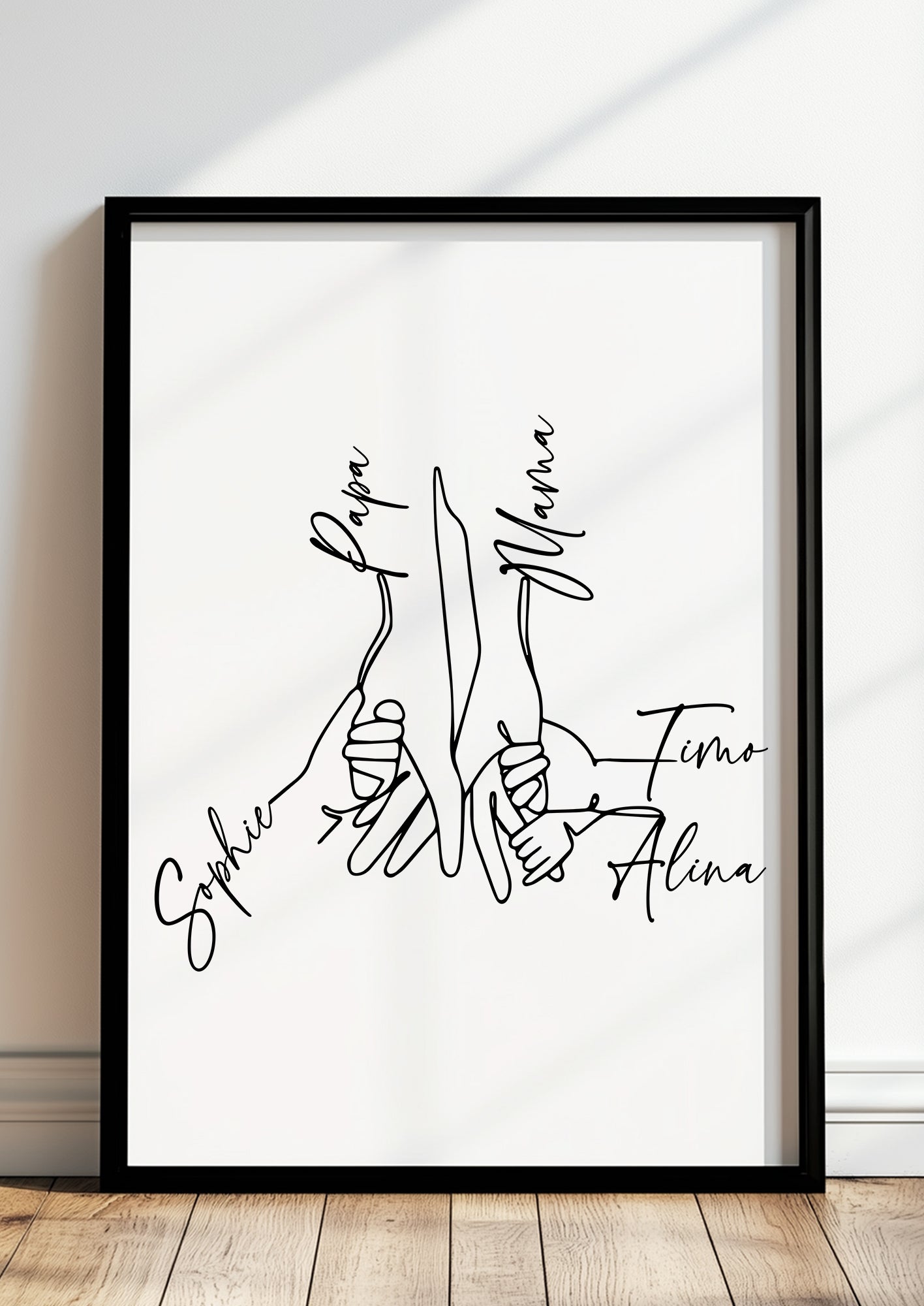 Familienposter im Rahmen – One Line Illustration einer 5er Familie mit Namen.