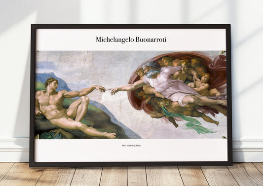 The Creation of Adam von Michelangelo Kunstdruck im schwarzen Rahmen, an Wand gelehnt