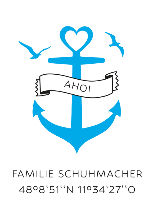 Anker Poster mit Banner Ahoi, zwei Möwen, Familienname und Koordinaten auf weißem Grund