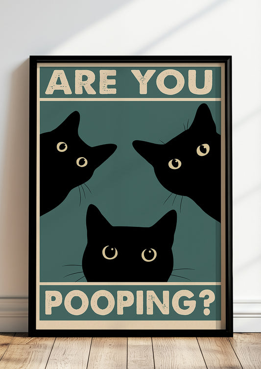 Gerahmtes ARE YOU POOPING? Poster mit Katzenmotiv als humorvolle Wanddeko fürs Bad oder Gäste-WC